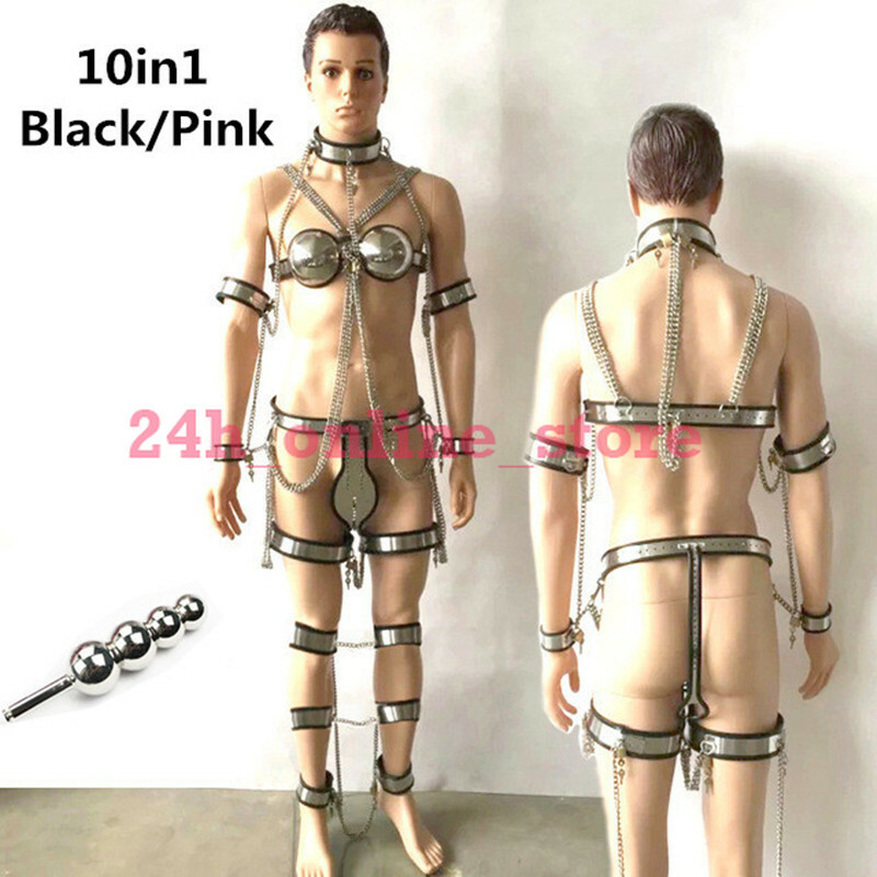 10in1 Stainless Steel Unisex Chastity Belt Bra Collar Hand Ankle Cuffs Device