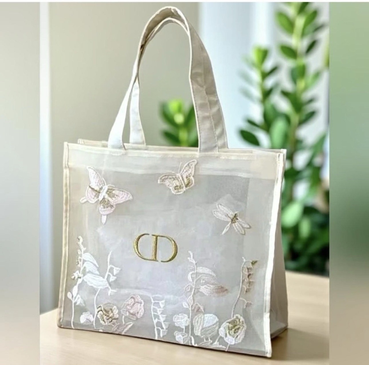 Dior Beige Mesh Tote Bag with Butterfly, Dragonfly Floral Embroidered Large GWP Dior Beige Mesh Tote Bag with Butterfly, Dragonfly Floral Embroidered Large GWP