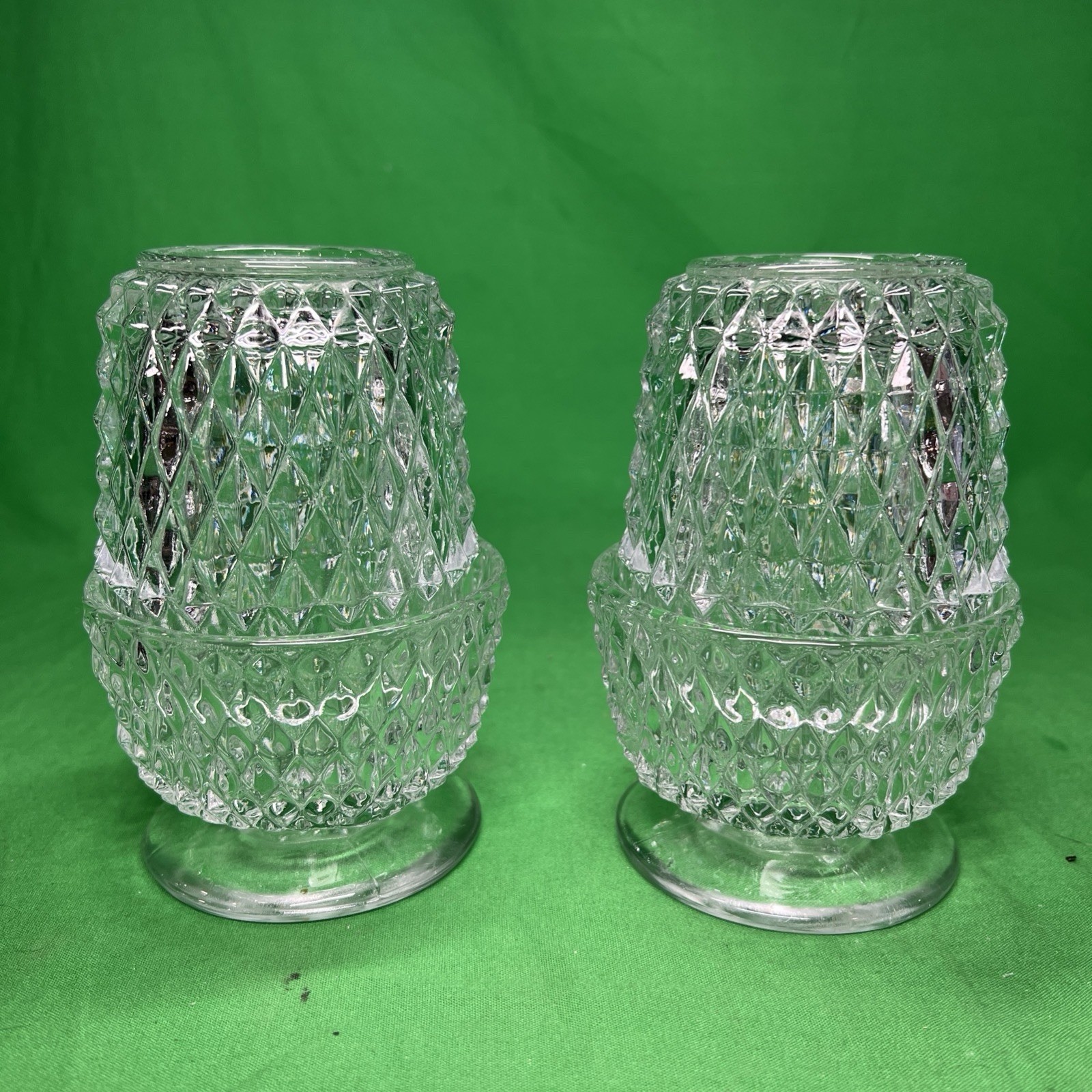 Pair of Vintage Glass Clear Diamond Point Fairy Lamps Candle Holders Pair of Vintage Glass Clear Diamond Point Fairy Lamps Candle Holders