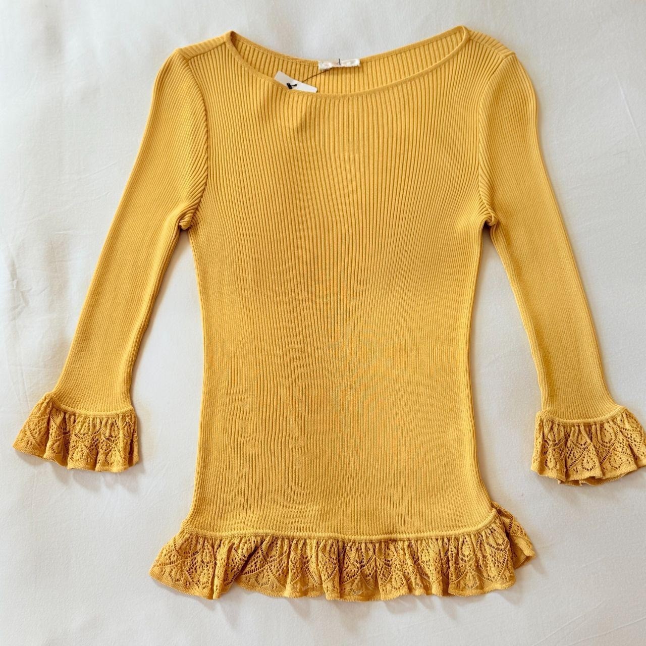 See by Chloe Ochre Gold Ruffled Knit Tunic Top Yellow Boho Ribbed Long Sleeve L