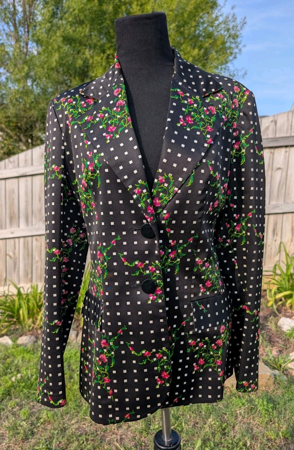 MR. DINO VINTAGE BLACK FLORAL SQUARE DOTTED JACKET SIZE 12 MAX COHEN MIAMI EUC