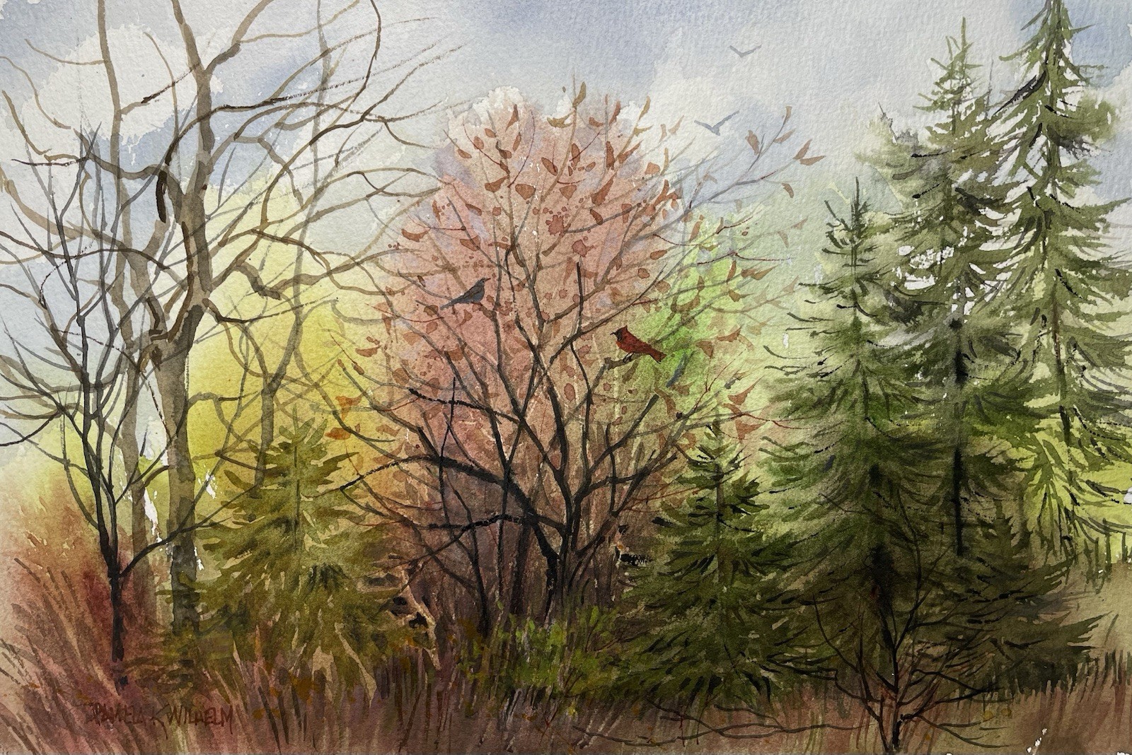 8”x12” Original Pamela Wilhelm Watercolor Pines Tree Pink Bushes & Birds 8”x12” Original Pamela Wilhelm Watercolor Pines Tree Pink Bushes & Birds