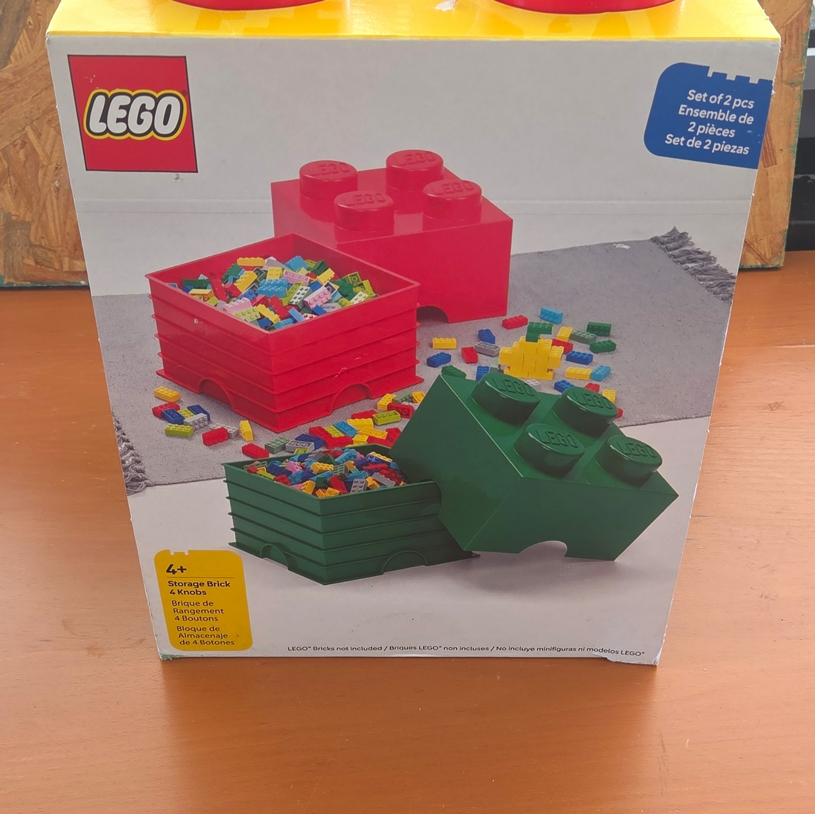 LEGO Stackable Storage Brick 4 Knob Set of 2 Red & Green Compatible w/ LEGO