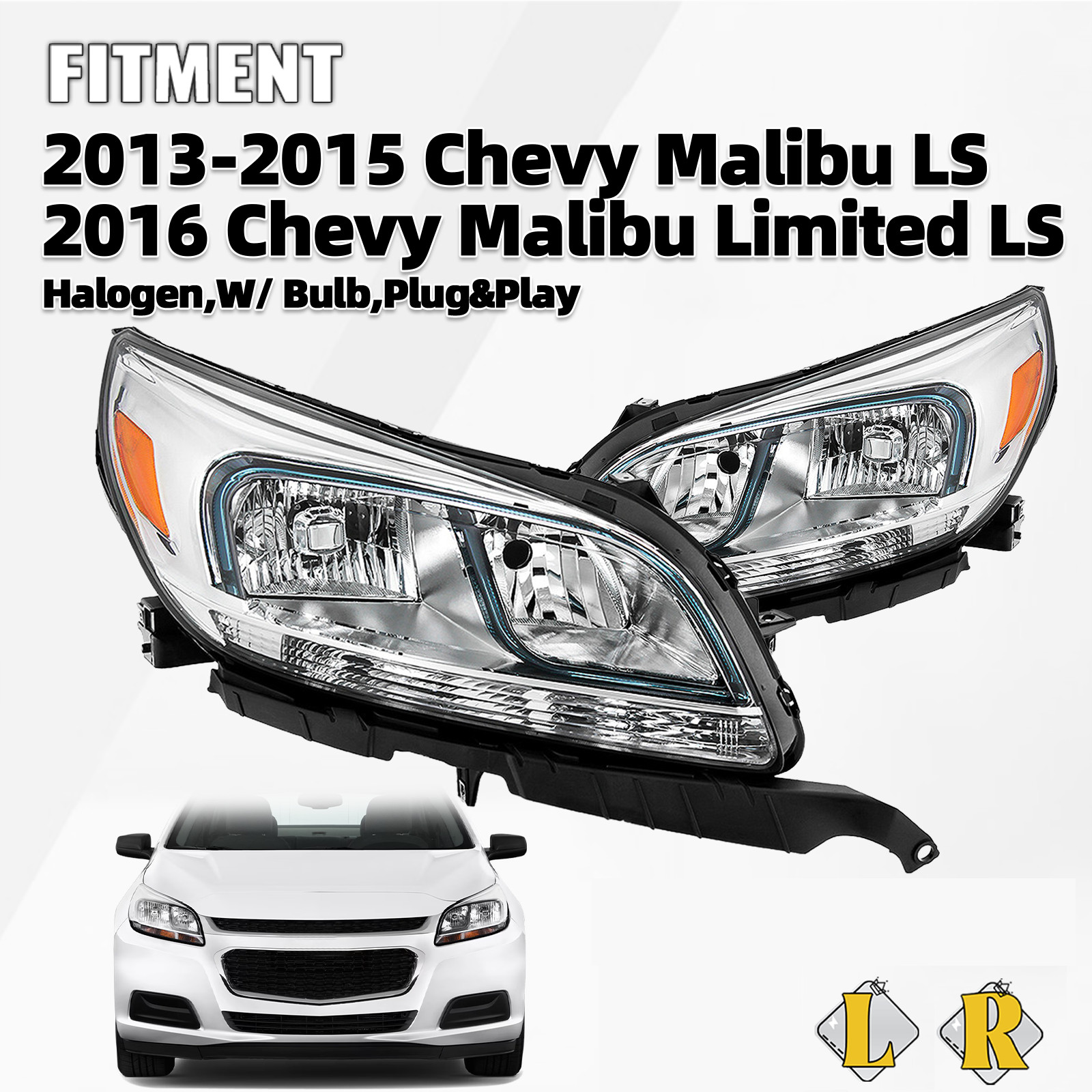 Halogen Headlight For 2013-2016 Chevy Malibu w/o Projector Left+Right Pair Halogen Headlight For 2013-2016 Chevy Malibu w/o Projector Left+Right Pair