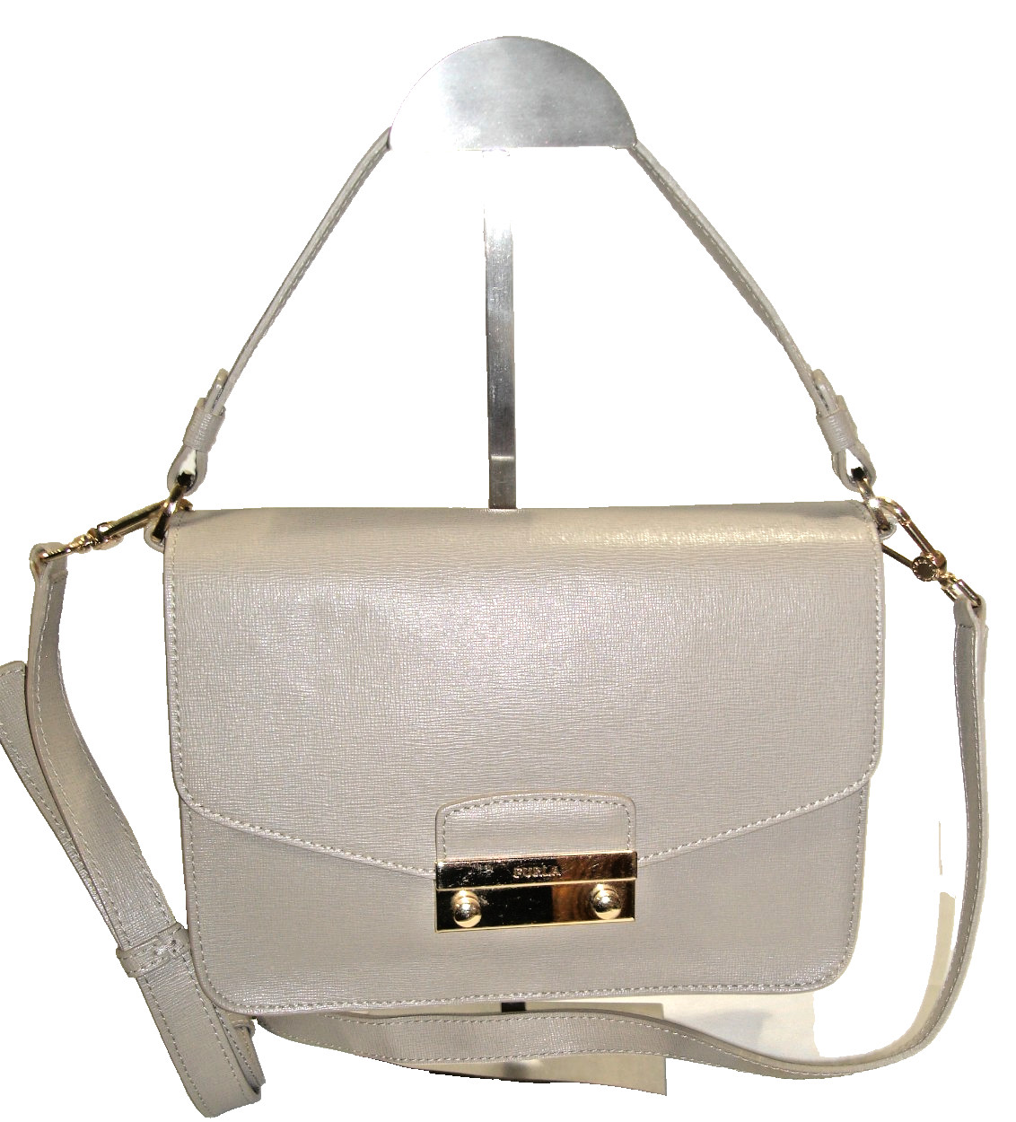 Furla Stunning Taupe Gray Saffiano Leather 2 Strap Shoulder Bag Near MINT
