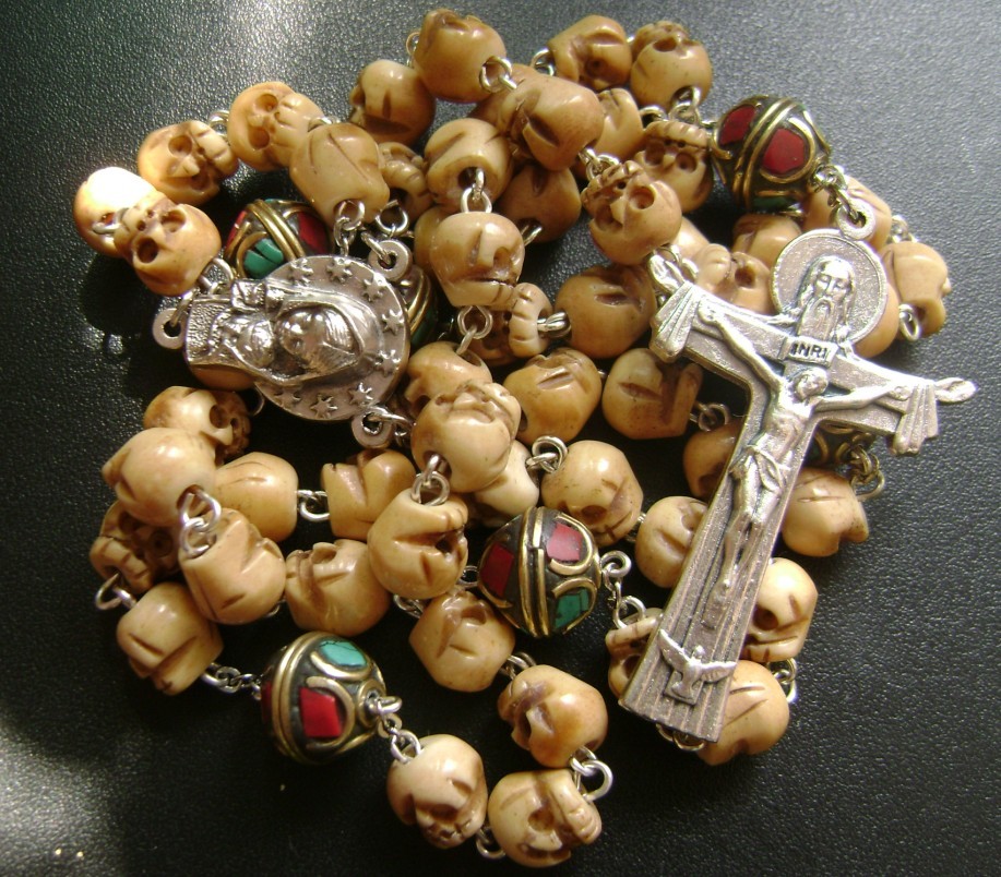 *Handmade Old Bone Skull & copper Beads catholic ROSARY CROSS NECKLACE crucifix