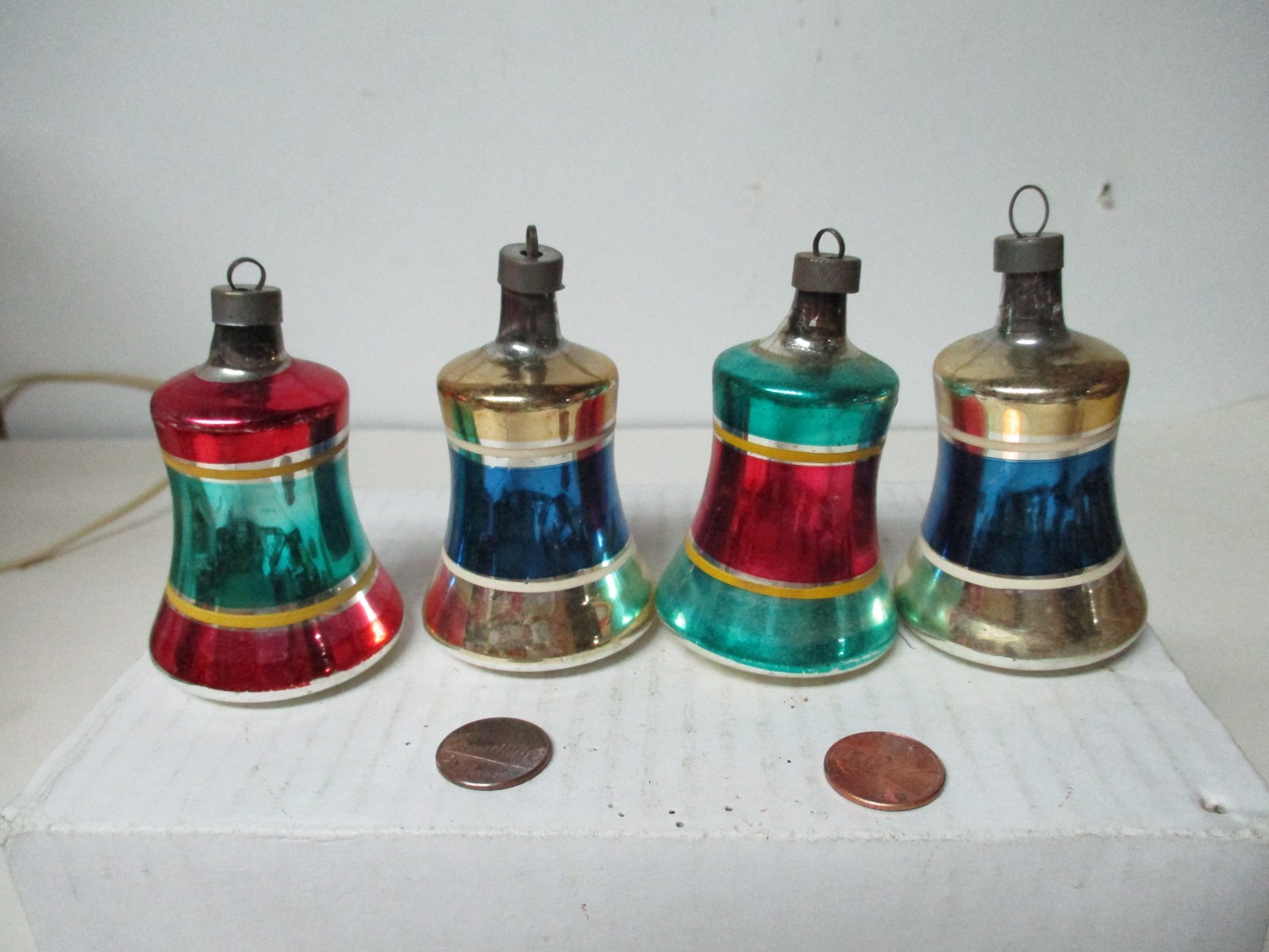 4 Vintage Premier Glass Bell Christmas Ornaments