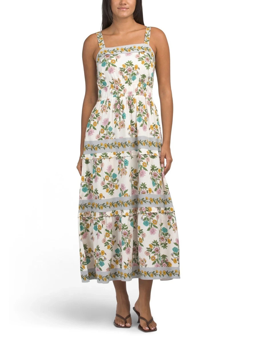 NWT LEA Boho Blue Pink Cream Floral Tirered Sleeveless Midi Dress SIZE Large NWT LEA Boho Blue Pink Cream Floral Tirered Sleeveless Midi Dress SIZE Large