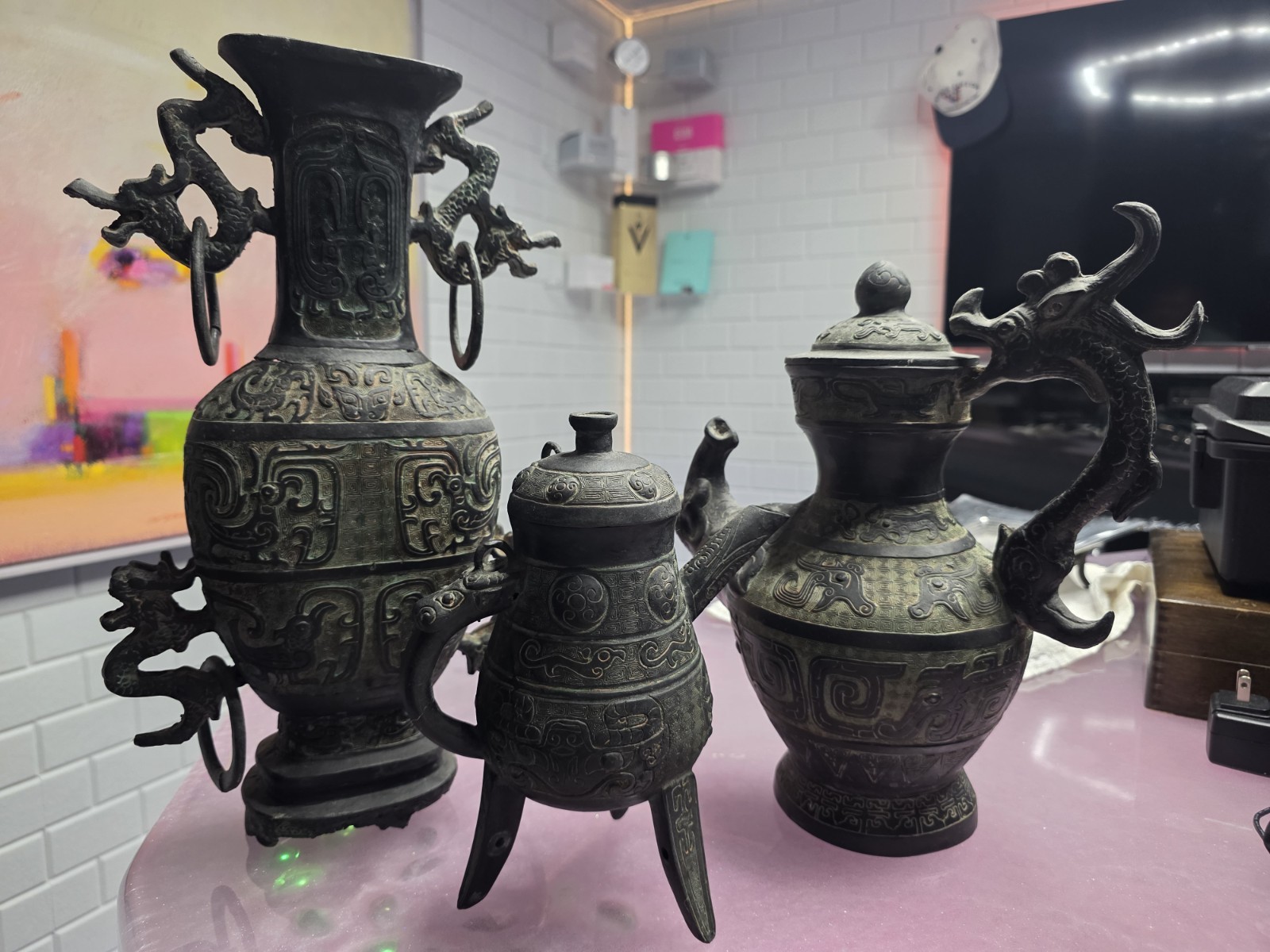 Chinese Archaistic Bronze Vase Ewer Dragon Handles, Taotie Motifs, Qing Style Chinese Archaistic Bronze Vase Ewer Dragon Handles, Taotie Motifs, Qing Style