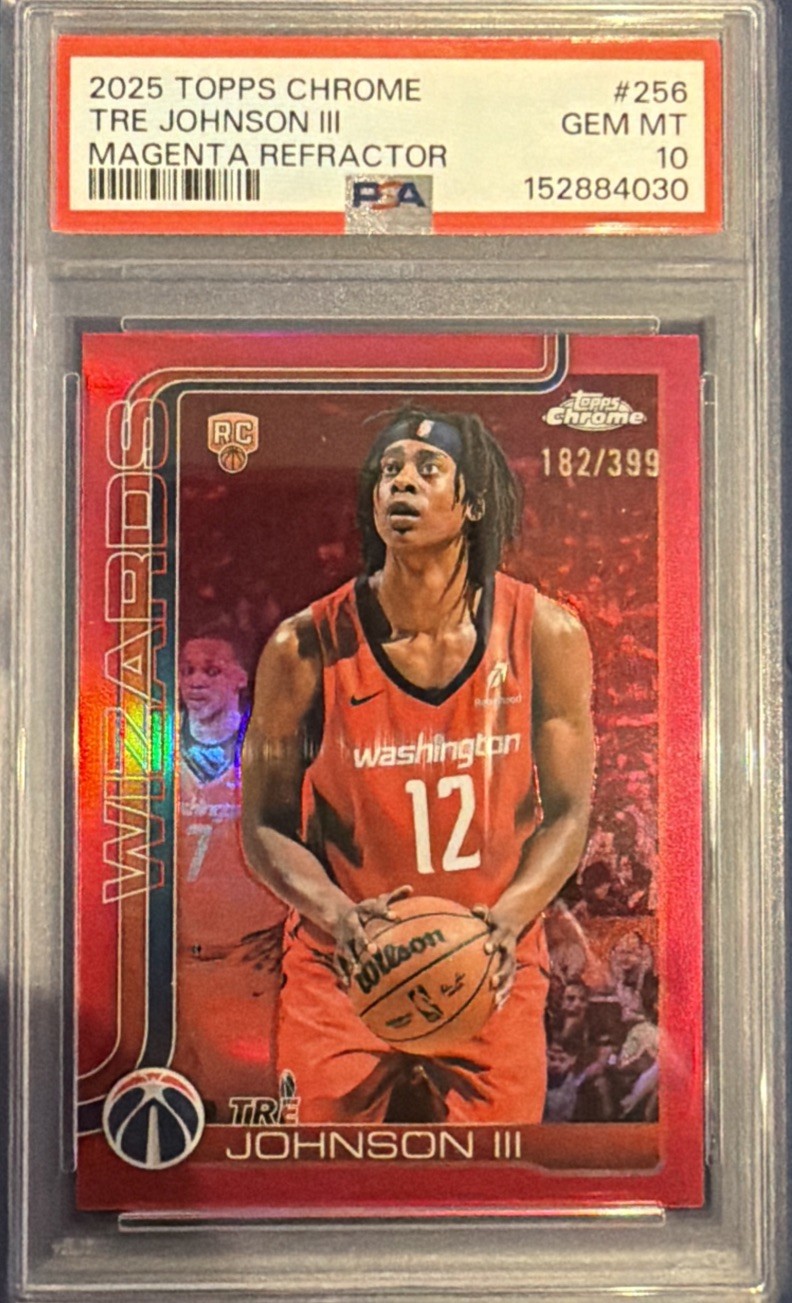 2025-26 Topps Chrome - Tre Johnson #256 Magenta Refractor /399 (RC). PSA 10. 2025-26 Topps Chrome - Tre Johnson #256 Magenta Refractor /399 (RC). PSA 10.