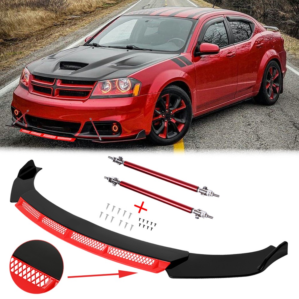 For Dodge Avenger Sedan Glossy Front Bumper Lip Spoiler Splitter Kit + Strut Rod