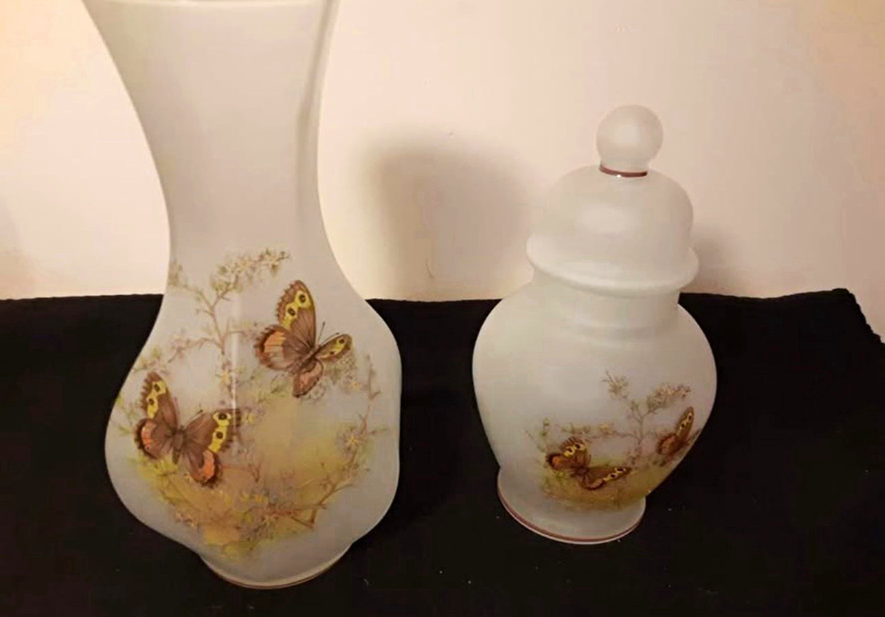 Vintage Viking Glass Frosted Satin Butterfly Set - Flared Hexagon Vase & Ginger