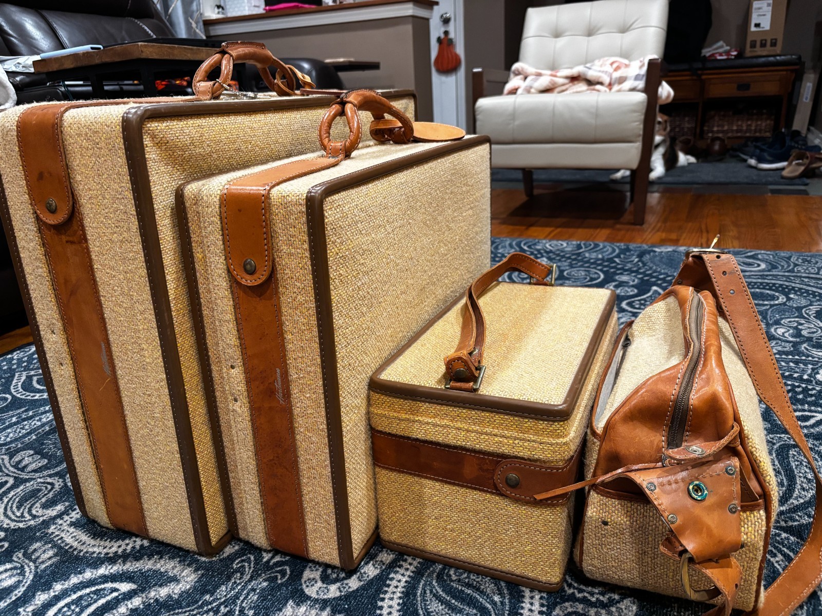 Vintage Original 4 piece Hartmann Gold Tweed Suitcase Luggage set MCM 1969