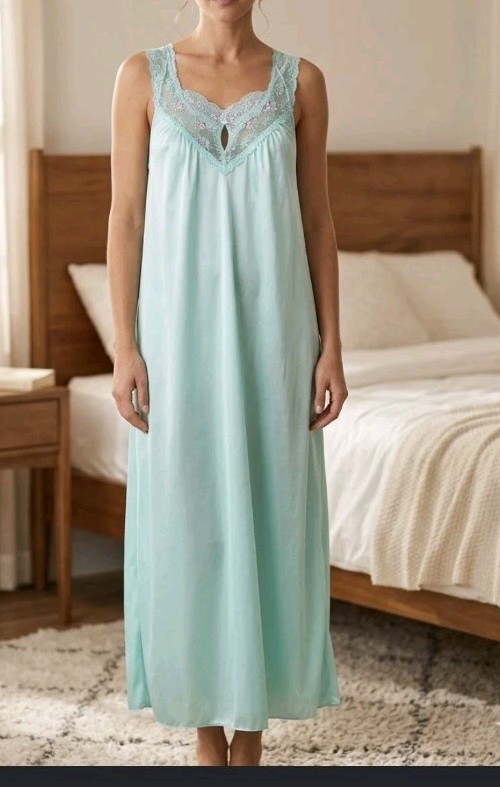 Vintage 60s Vanity Fair Nightgown Sleeveless Silky Satin Aqua Green Size XL Lace Vintage 60s Vanity Fair Nightgown Sleeveless Silky Satin Aqua Green Size XL Lace