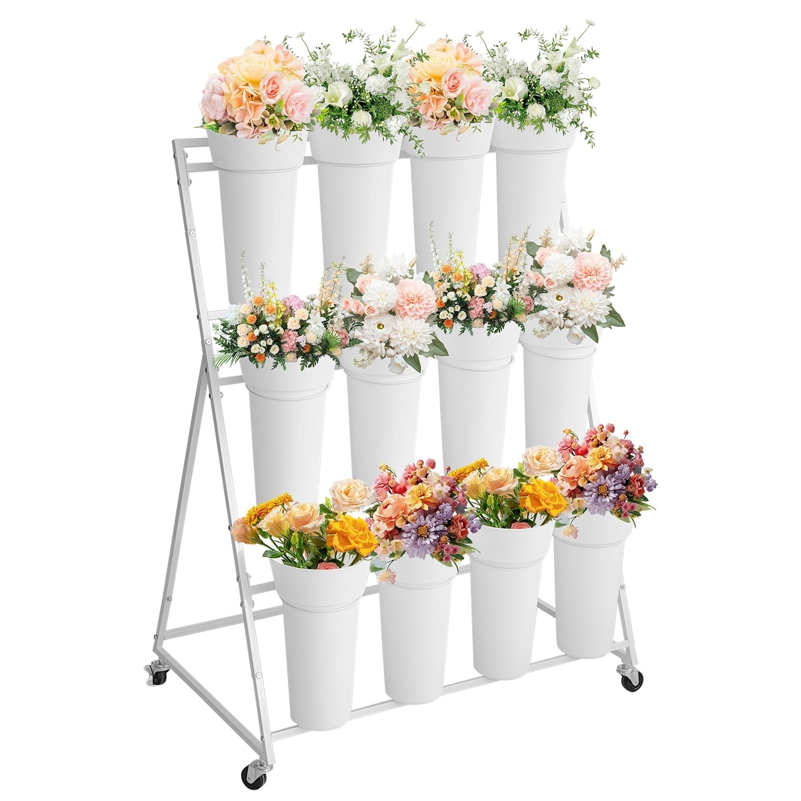 Flower Display Stand 12 Buckets Wheels 3 Tier Indoor Outdoor Wedding Flower Shop Flower Display Stand 12 Buckets Wheels 3 Tier Indoor Outdoor Wedding Flower Shop