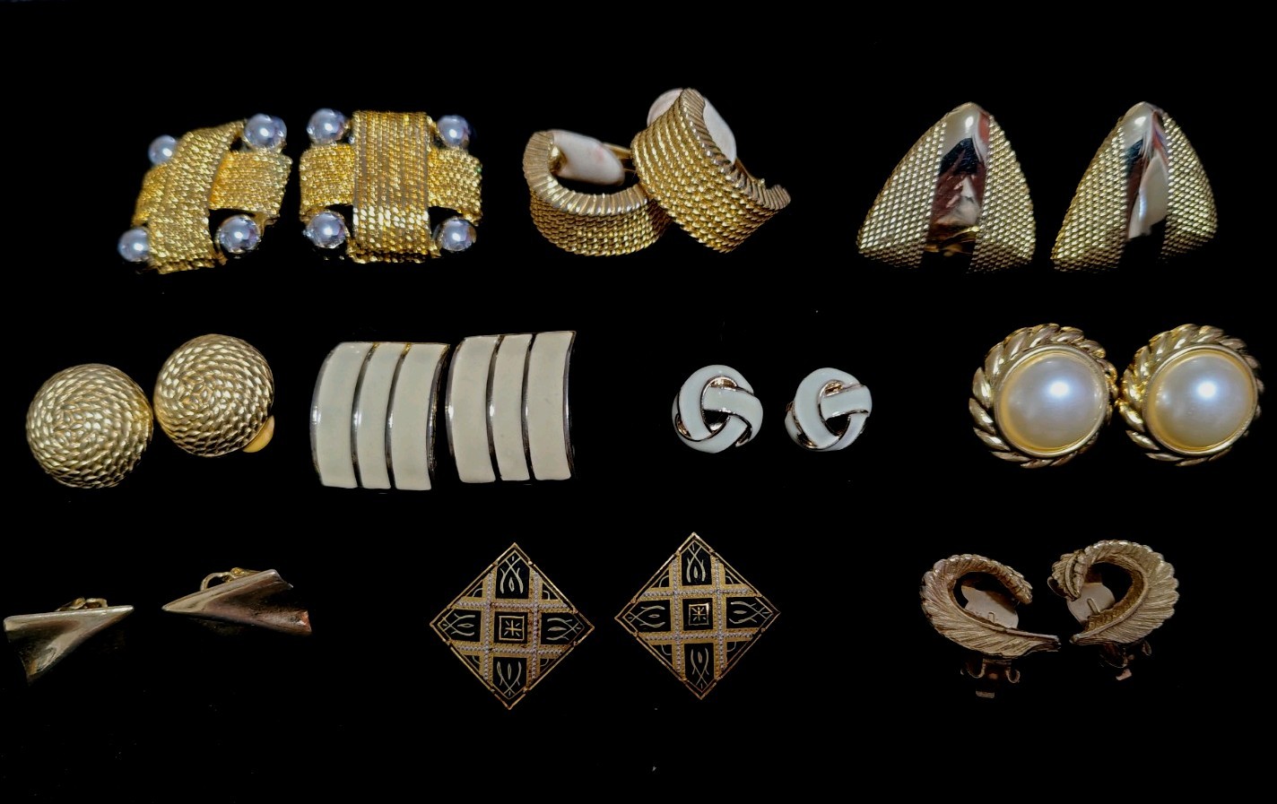 Vintage Goldtone Clip On Earring Lot 10 Pairs Retro Chunky Funky Styles