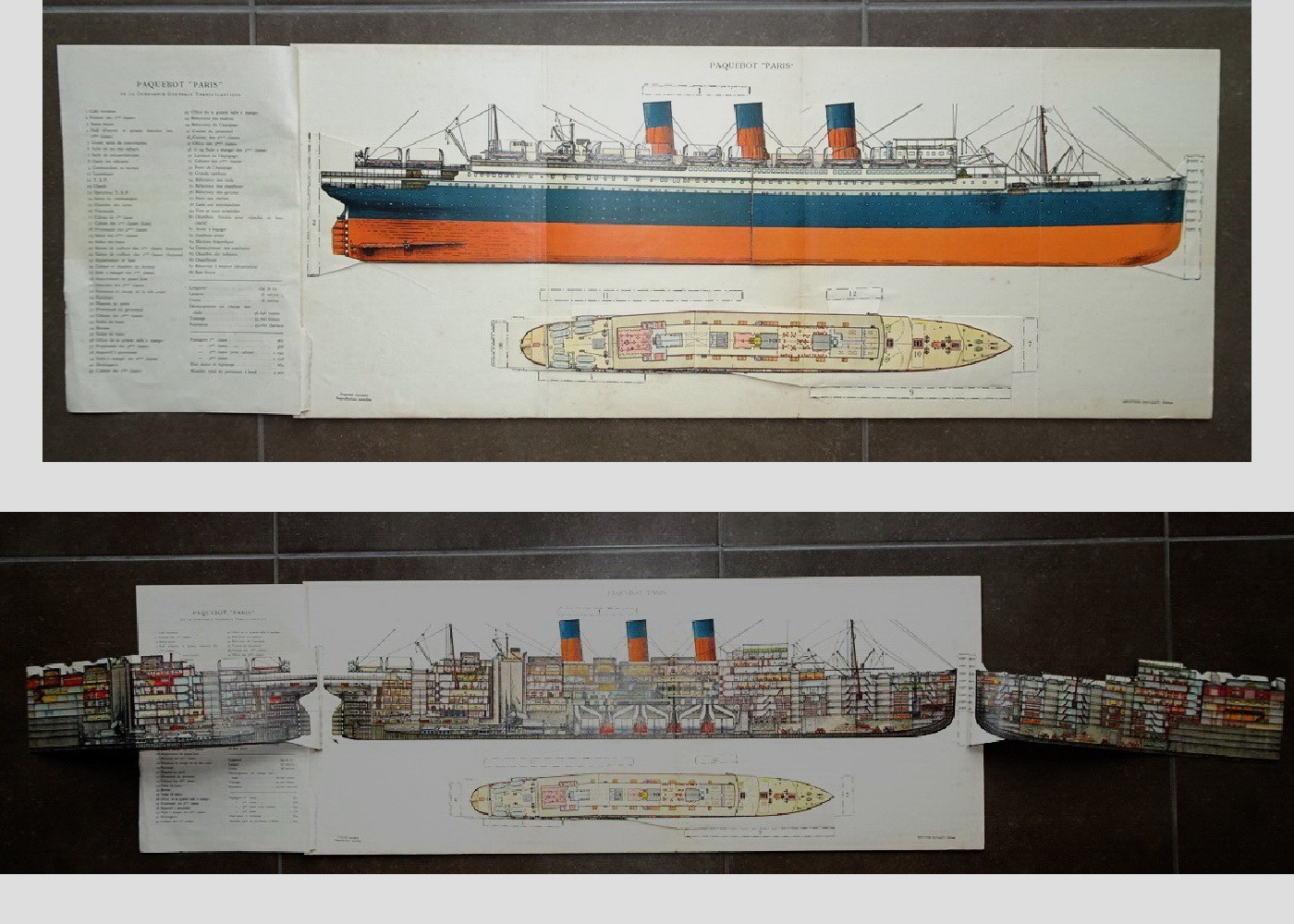 RARE – 1920s. CUTAWAY-longitudinal section- SS PARIS- FRENCH LINE very beautiful