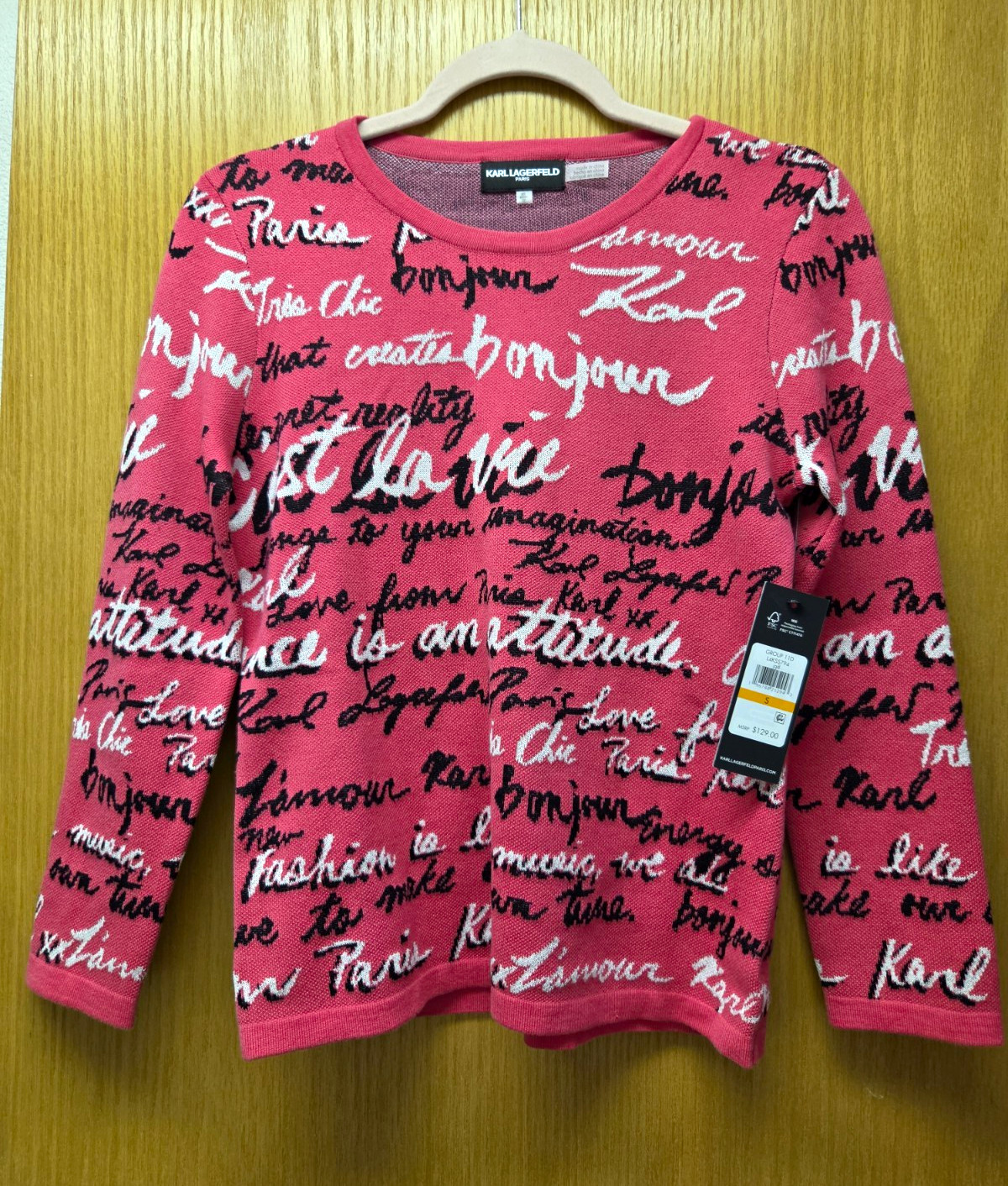 Karl Lagerfeld Pink Paris Script Logo Knit Crewneck Long Sleeve Pullover S Karl Lagerfeld Pink Paris Script Logo Knit Crewneck Long Sleeve Pullover S