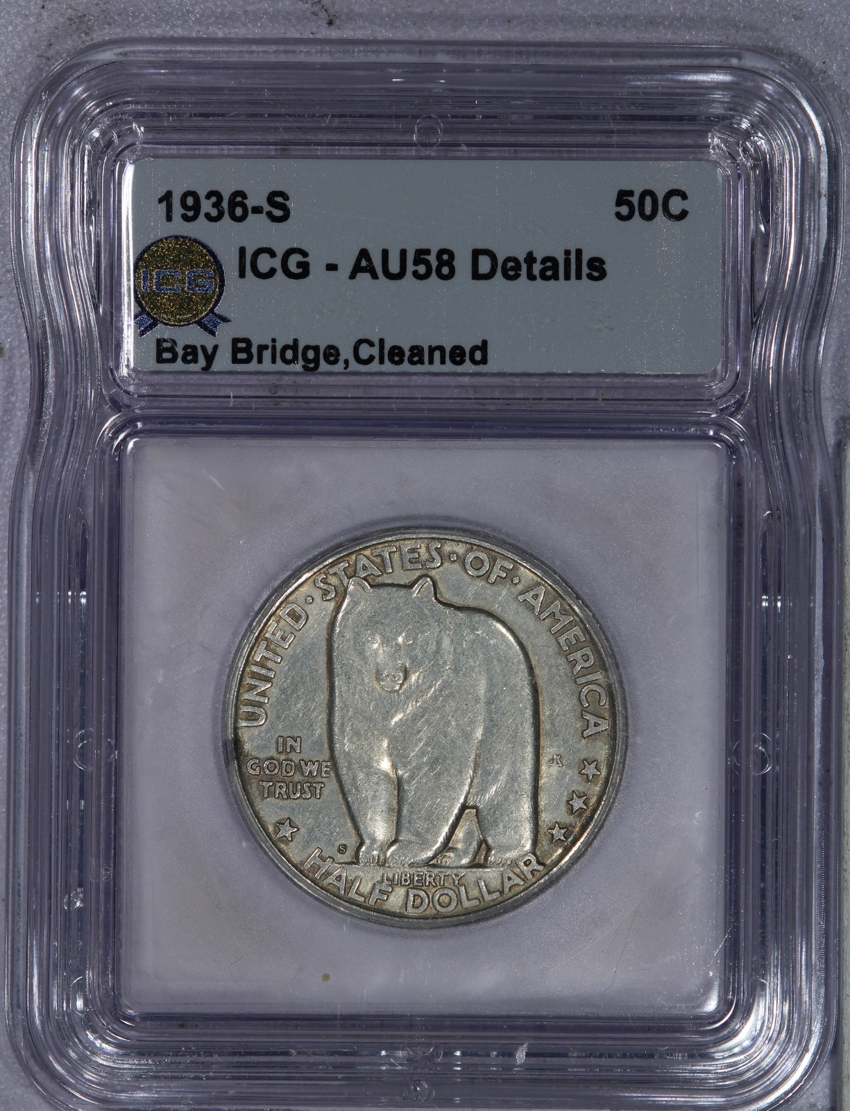 1936-S Bay Bridge Half Dollar 50c ICG AU58 Details 1936-S Bay Bridge Half Dollar 50c ICG AU58 Details