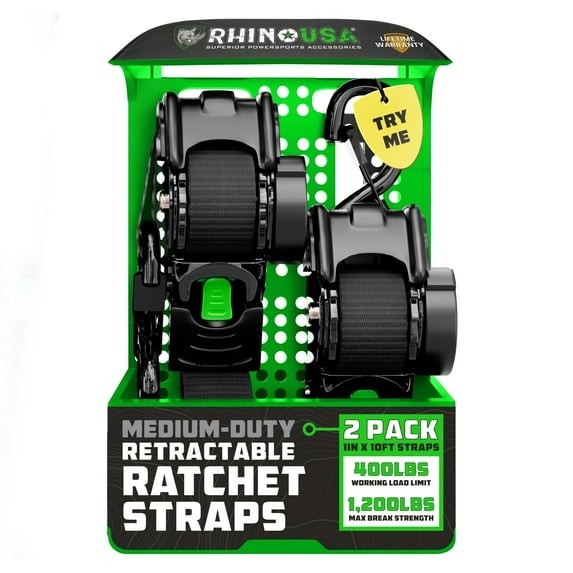 Rhino USA 1in x 10ft Black Retractable Ratchet Straps, 2 Pack – 1209lbs Break St Rhino USA 1in x 10ft Black Retractable Ratchet Straps, 2 Pack – 1209lbs Break St