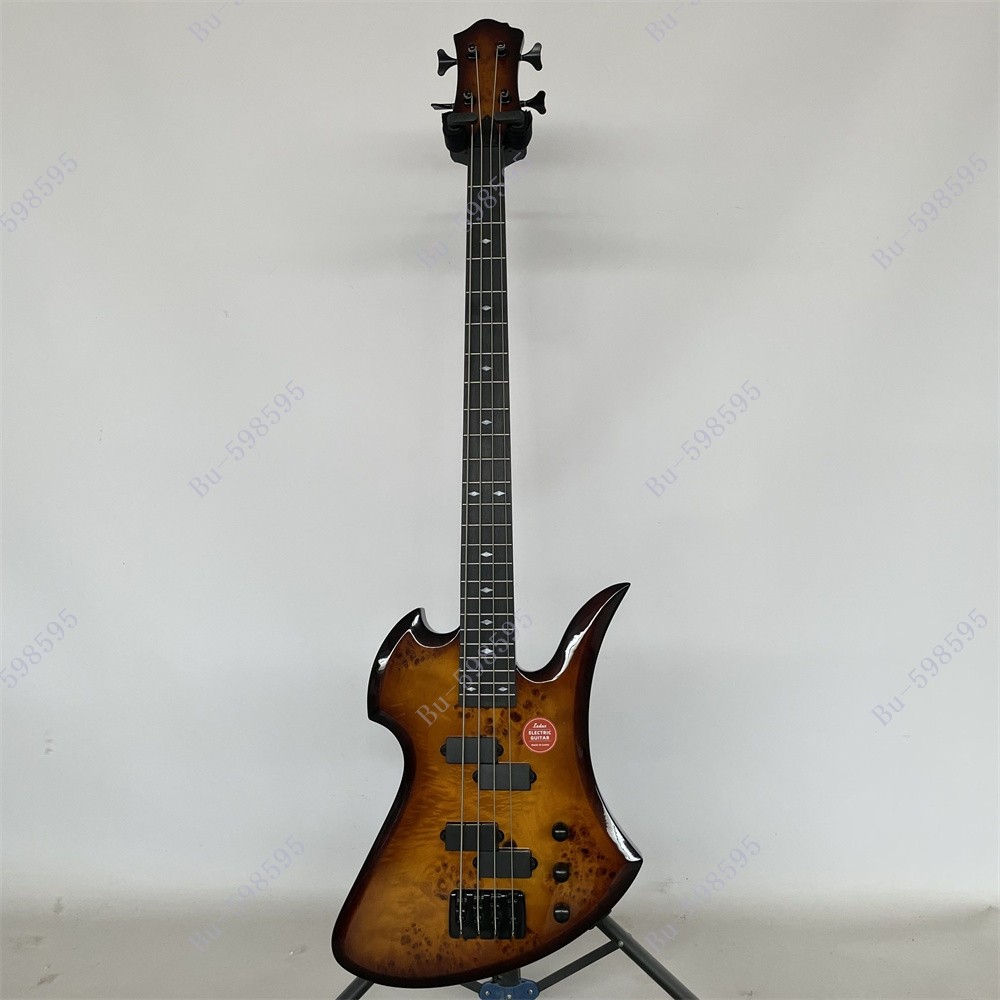 4 String Electric Bass Guitar Stainless Fret Burl Maple Top Vintage Sunburst