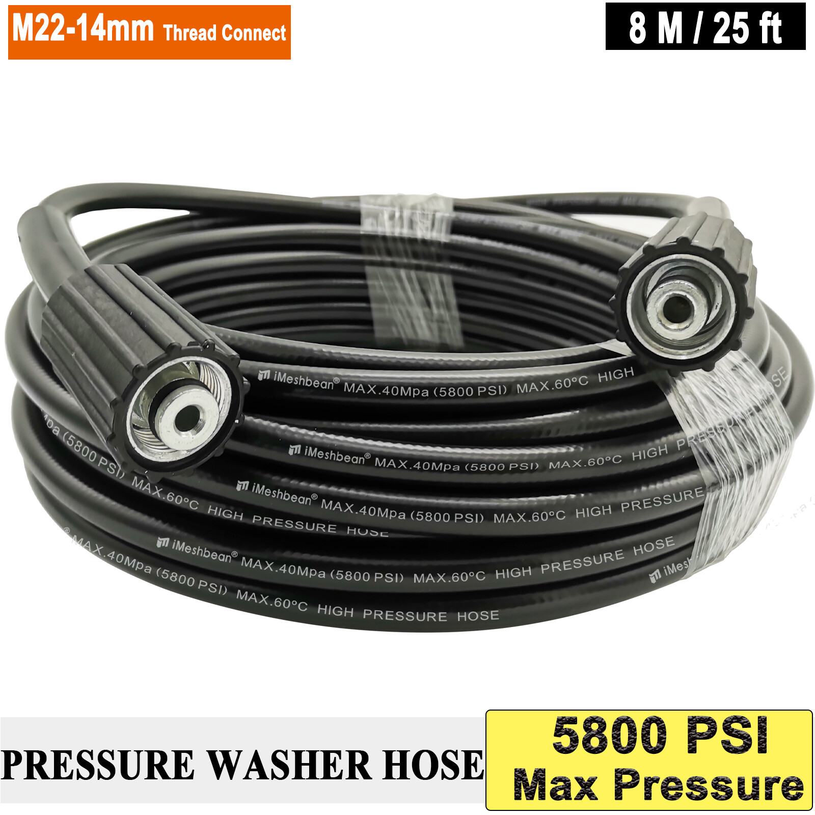 High Pressure Washer Hose 25/50/100ft 5800PSI M22 Power Washer Extension Hose High Pressure Washer Hose 25/50/100ft 5800PSI M22 Power Washer Extension Hose