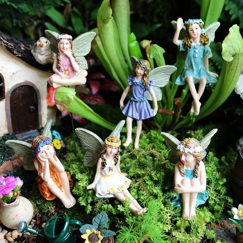6x Flower Fairies Figure Miniature Garden Resin Ornaments Statue Flowerpot Decor
