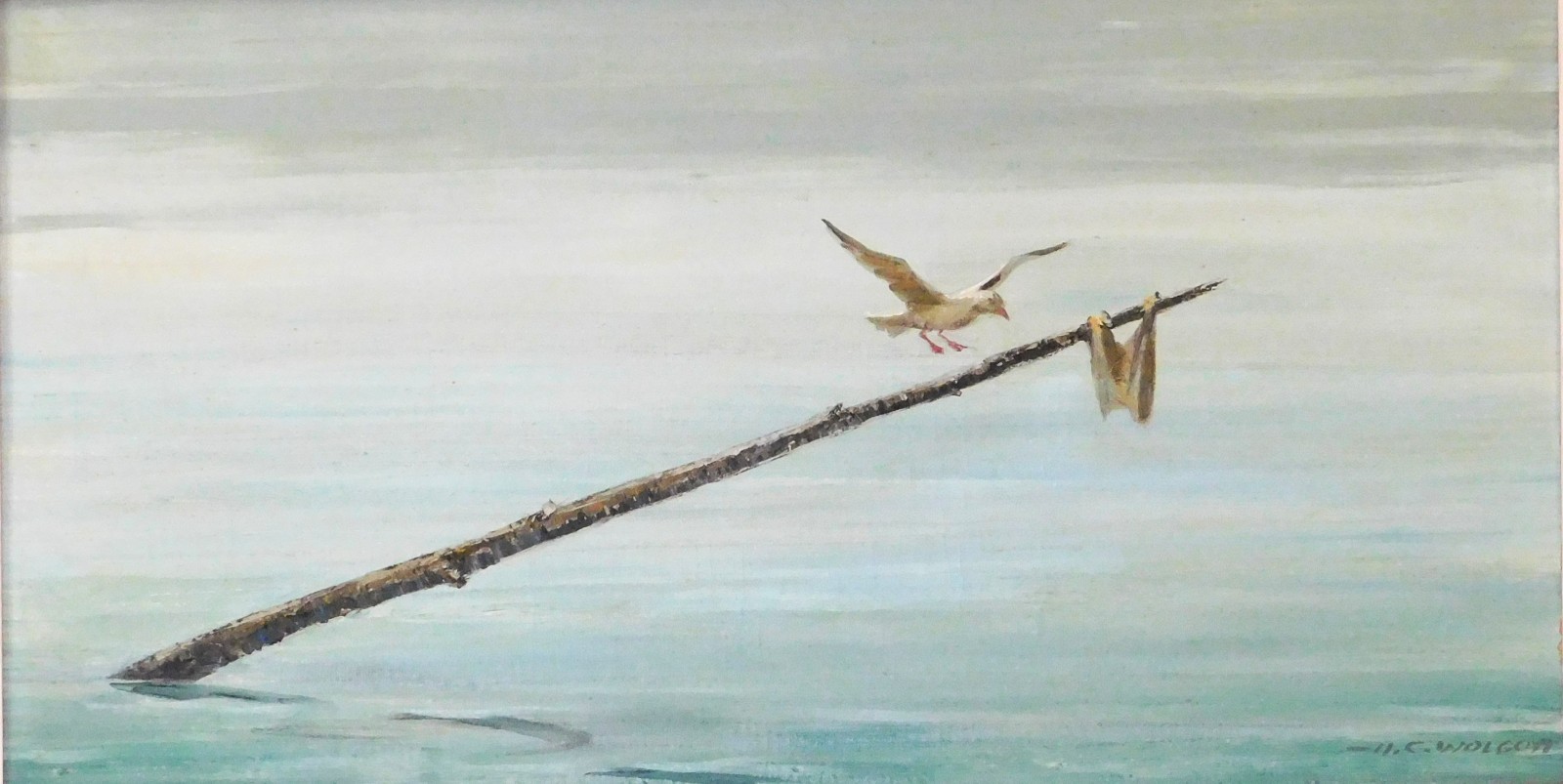Harold C Wolcott Original Oil Painting Seagull Lobster Buoy Marine Coastal Art
