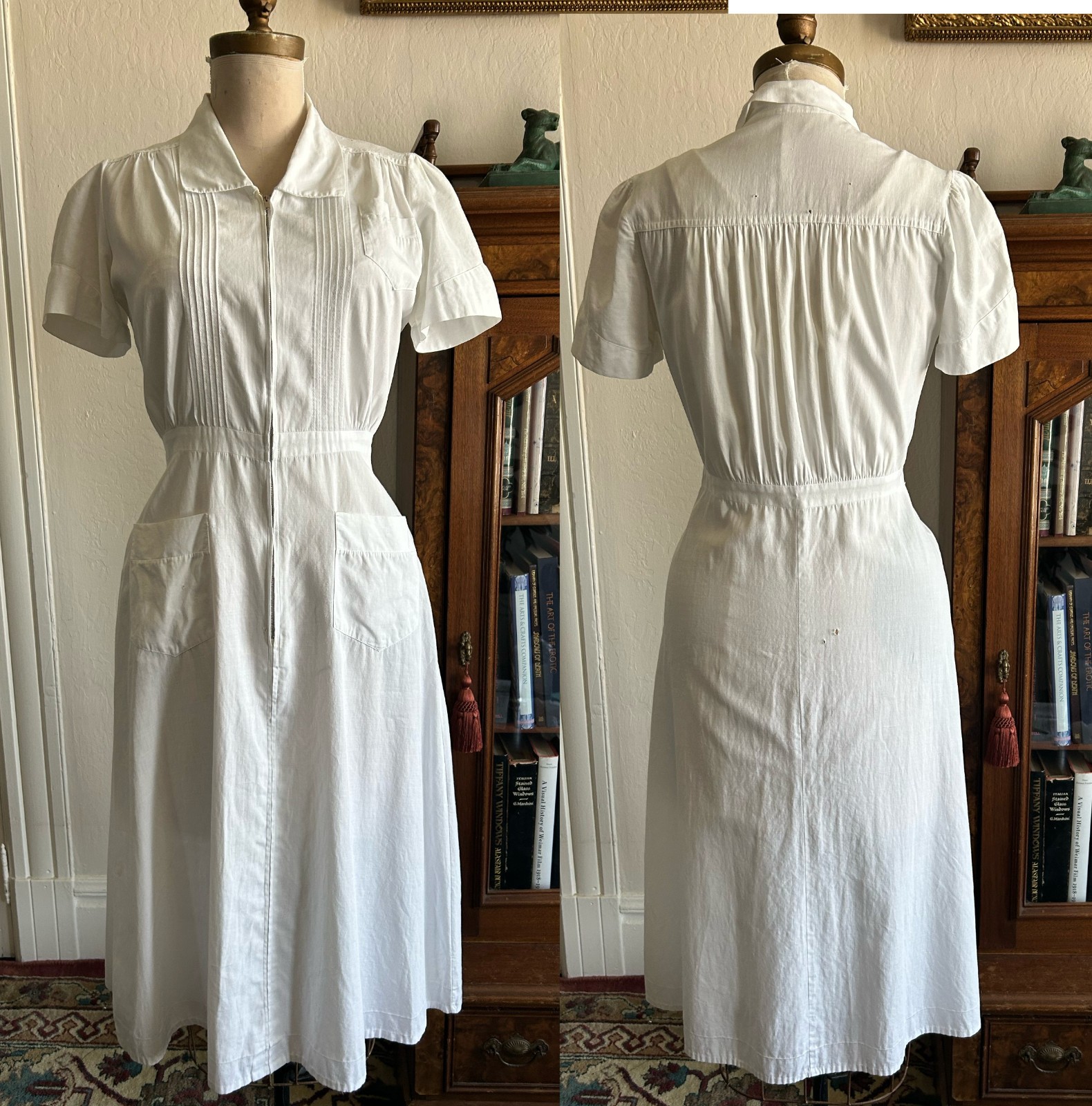 Vintage 1930s 1940s WWII White Cotton Puff Sleeve Zip Uniform/Workwear Day Dress Vintage 1930s 1940s WWII White Cotton Puff Sleeve Zip Uniform/Workwear Day Dress