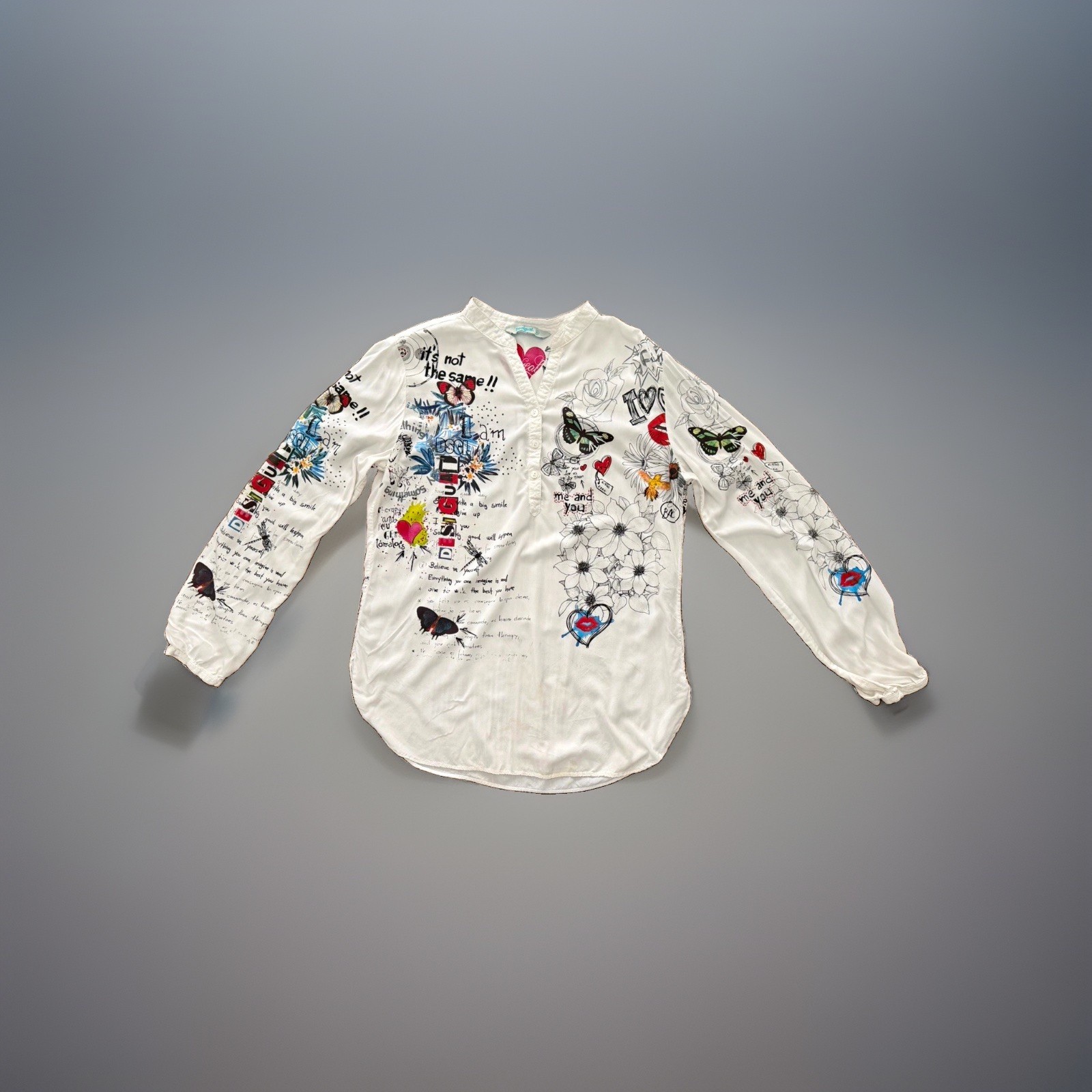 Desigual Lola Graphic Print Henley Blouse White Hearts Doodles Women\'s XL