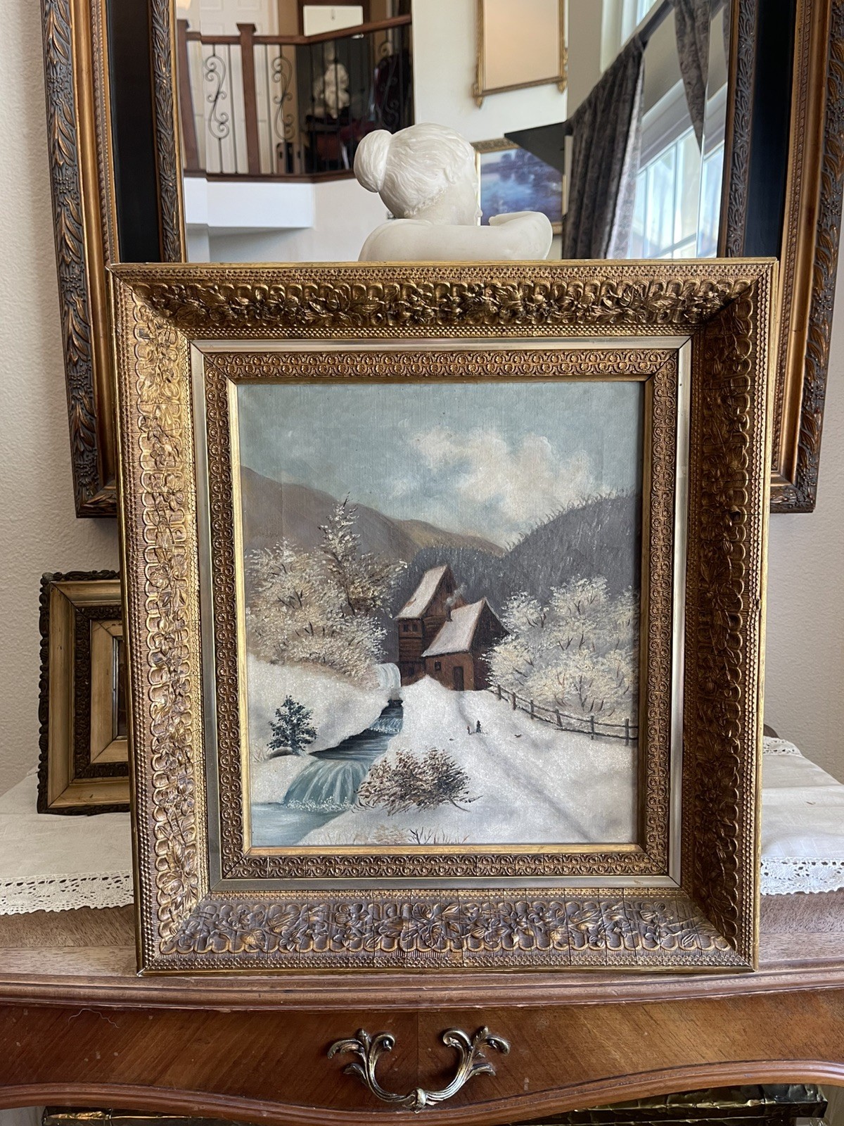 Antique 19thC Winter Forest Landscape Oil On Canvas Painting - Primitive America