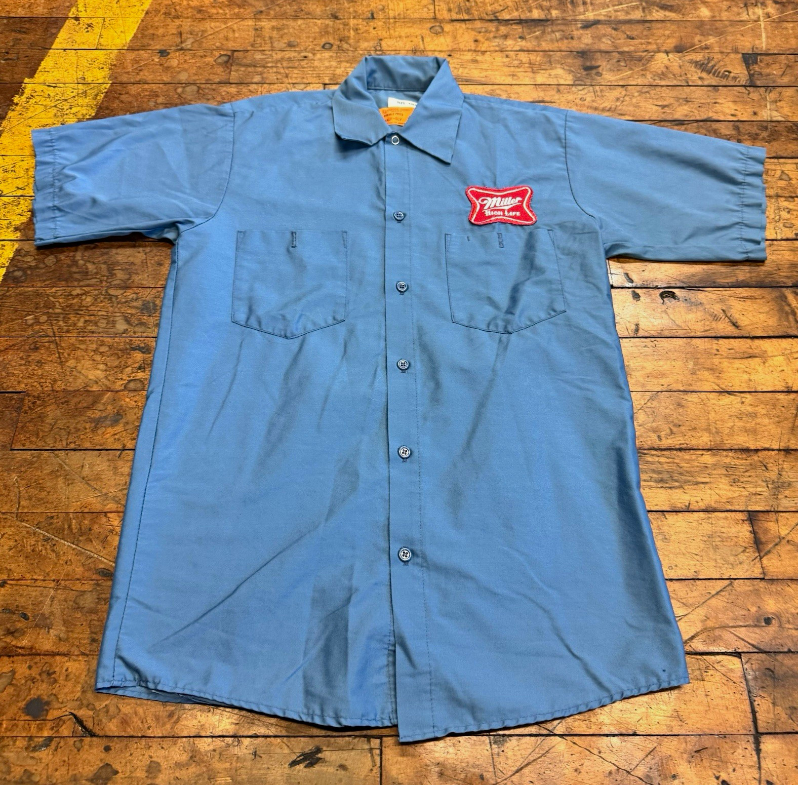 VTG Miller High Life Blue Short Sleeve Button-Down Work Shirt Patch size Small VTG Miller High Life Blue Short Sleeve Button-Down Work Shirt Patch size Small
