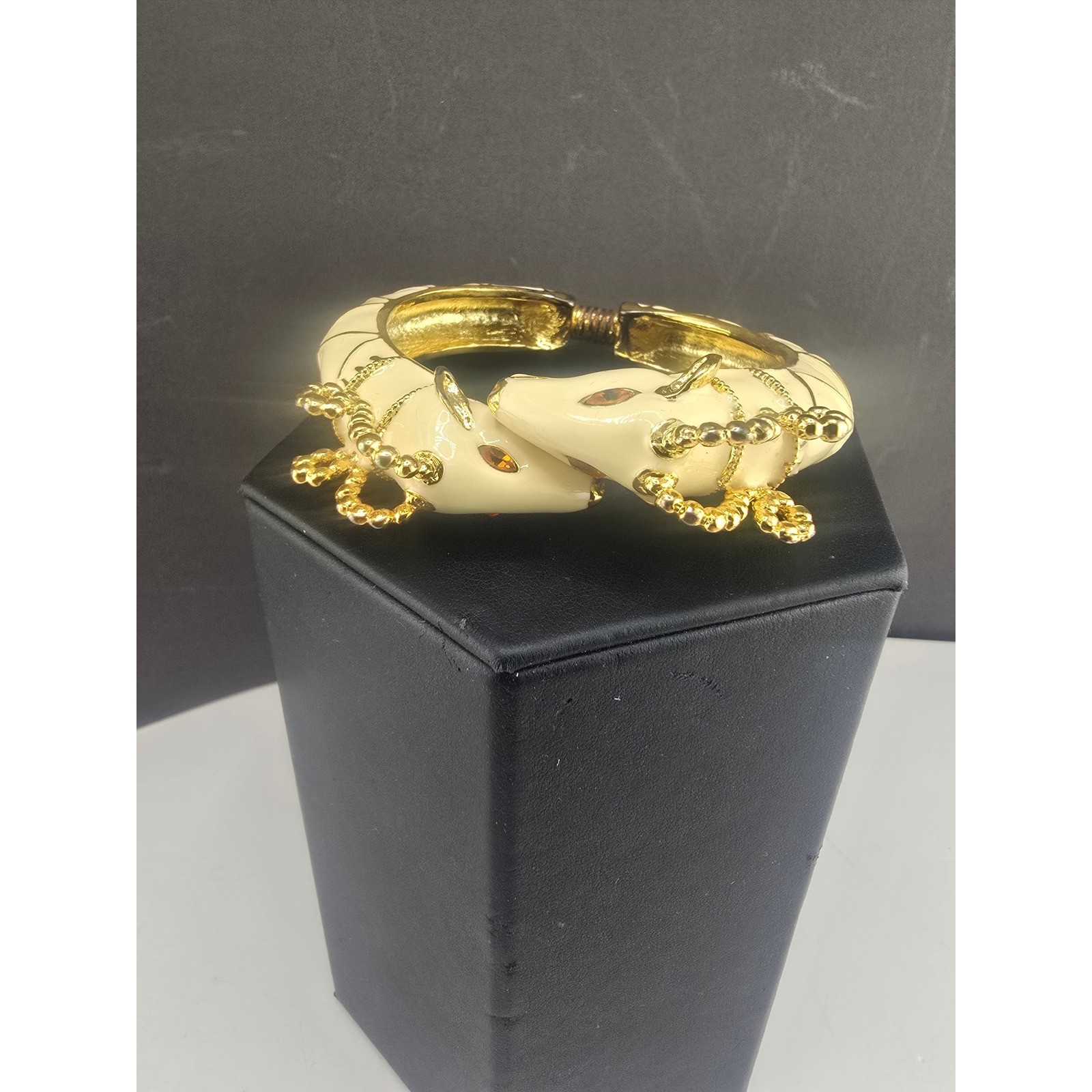 Vintage Kenneth Jay Lane Ram Head Bangle Cream Gold Tone Enamel Animal 6in