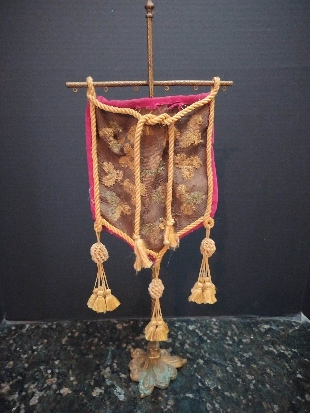 Antique Victorian Tabletop Pole Beaded Needlepoint Banner Ioof dated 1870? 16\ Antique Victorian Tabletop Pole Beaded Needlepoint Banner Ioof dated 1870? 16\