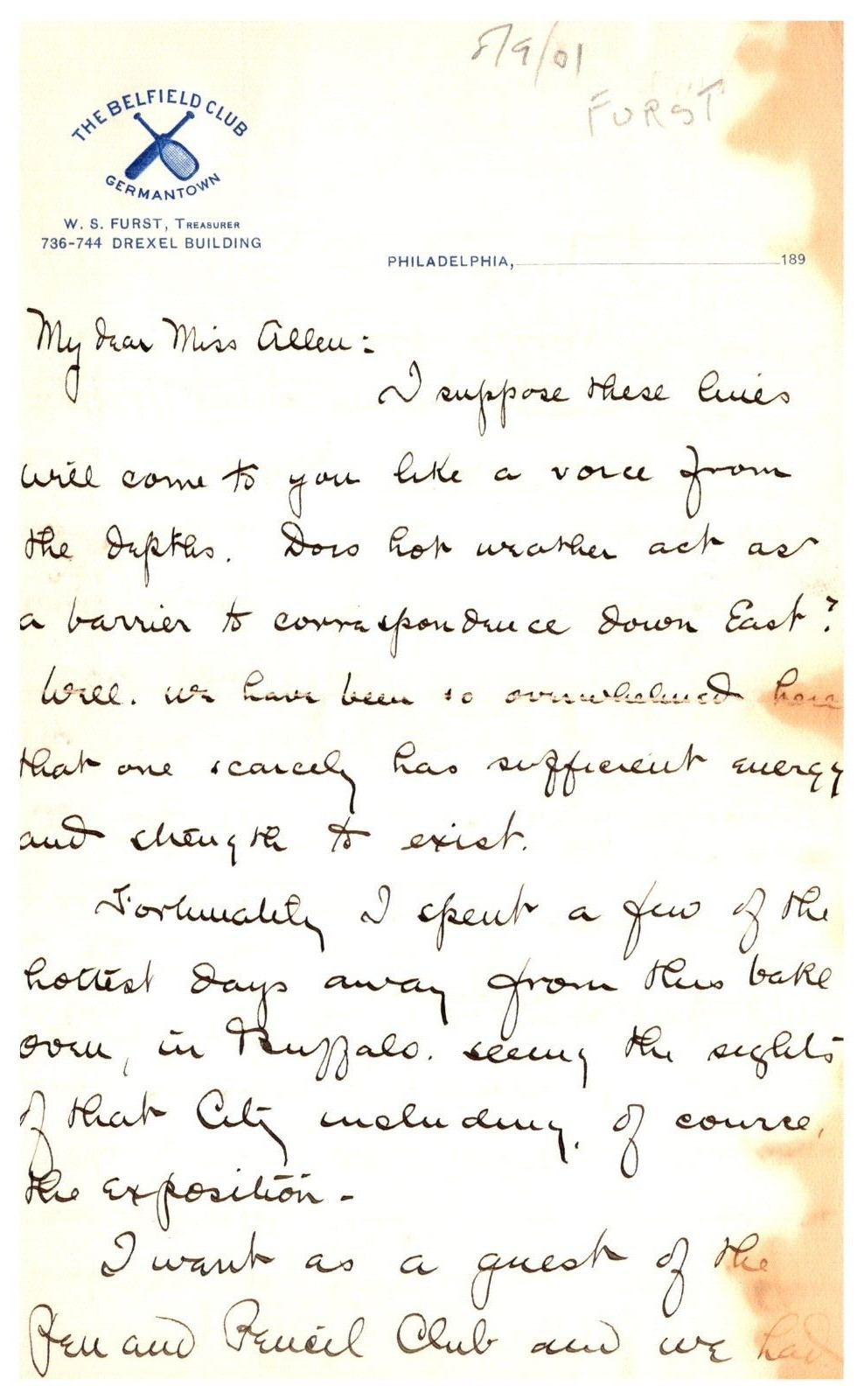 1901 Handwritten Letterhead Belfield Club Germantown PA Philadelphia WB Furst 1901 Handwritten Letterhead Belfield Club Germantown PA Philadelphia WB Furst