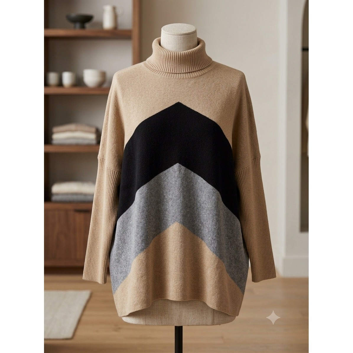 Joseph A Chevron Colorblock Turtleneck Poncho Sweater Tan Black Grey J2F338910C3 Joseph A Chevron Colorblock Turtleneck Poncho Sweater Tan Black Grey J2F338910C3