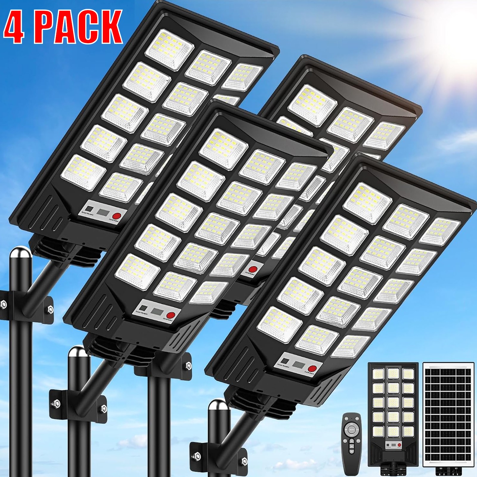 4PCS Solar Street Lights Outdoor 20000000LM Dusk to Dawn LED Motion Sensor Light