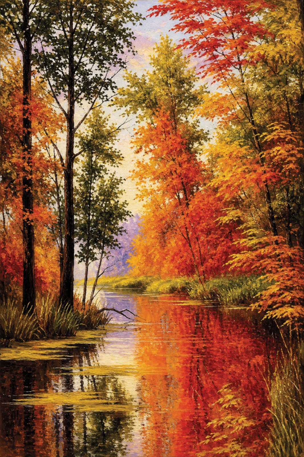 Original Hand Painted Acrylic Autumn Forest River Art 36x24 Unframed Rolled Canv