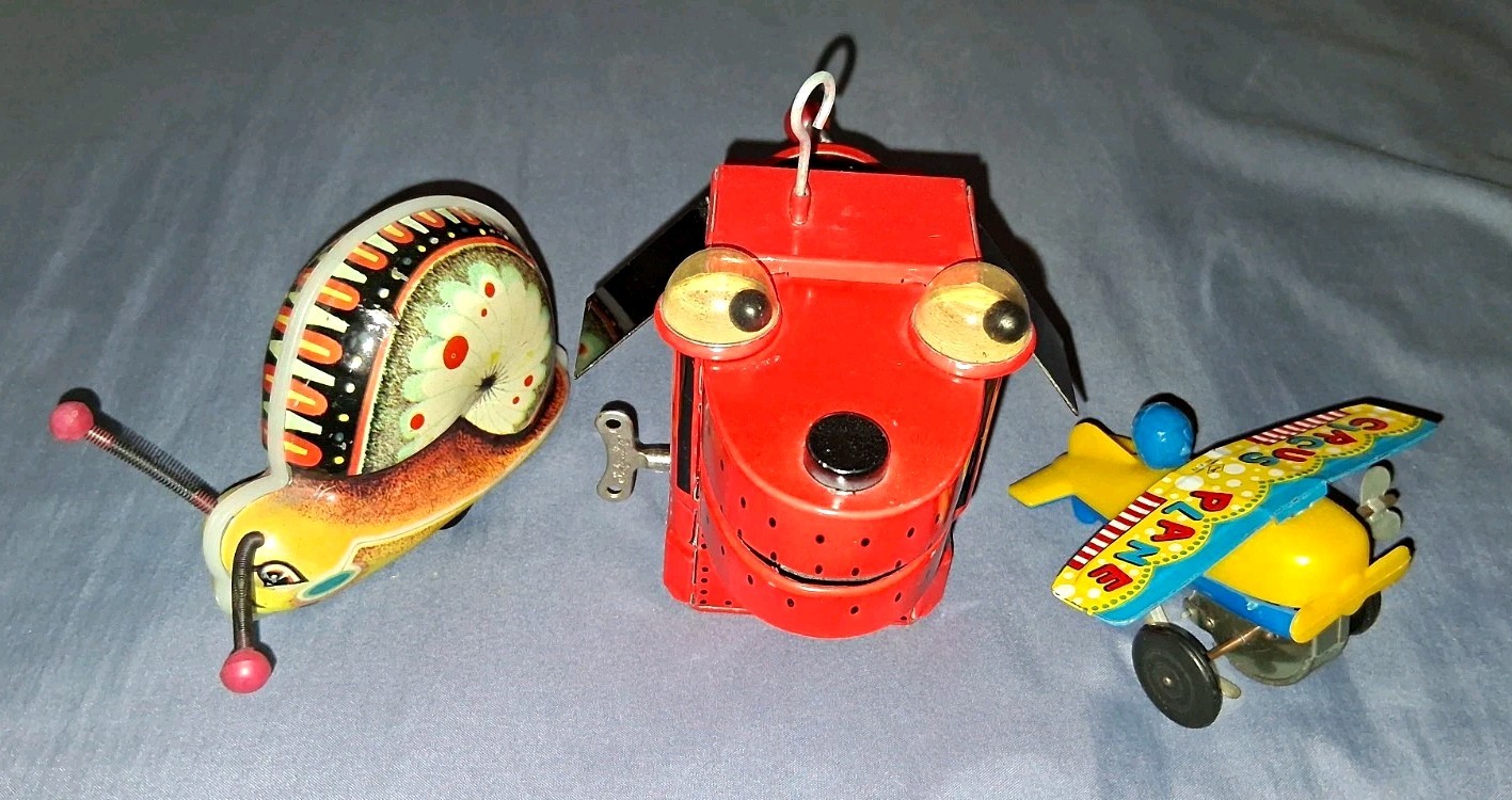 Wind-Up Tin Toys Lot Vintage Antique Rover Robot Vehicle Snail Airplane 