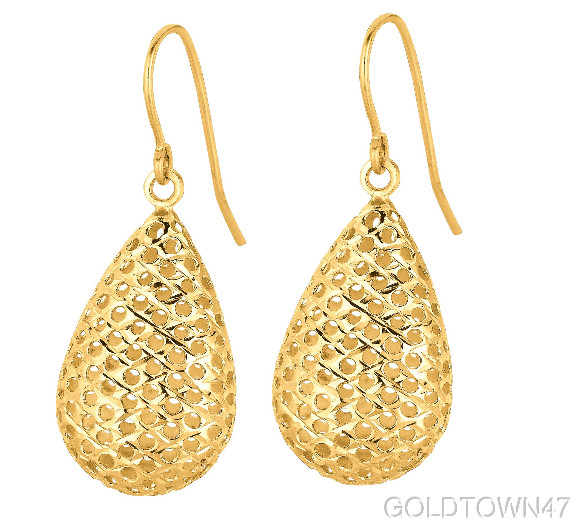 14kt Yellow Gold Shiny Medium Meshed Teardrop Shape Drop Earring
