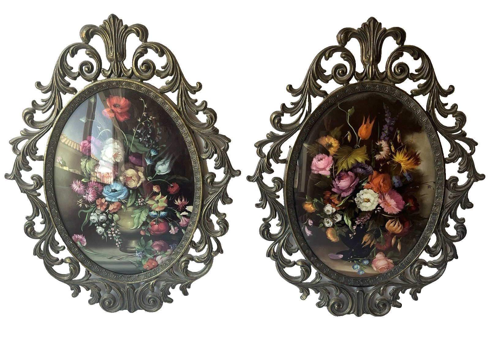 Vtg Ornate Oval Metal Frame Lot Floral Art Print Convex Bubble Glass MCM Italian Vtg Ornate Oval Metal Frame Lot Floral Art Print Convex Bubble Glass MCM Italian