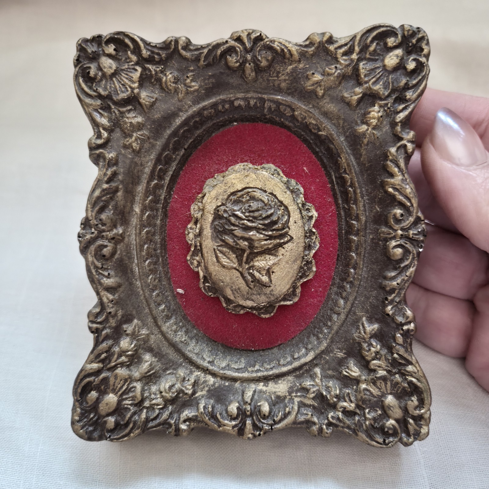 VTG Ornate Baroque Gold Framed Miniature Rose Floral Red Velvet Mat 3.5 VTG Ornate Baroque Gold Framed Miniature Rose Floral Red Velvet Mat 3.5