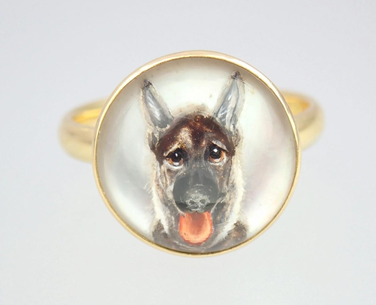 CUTE Antique Victorian 18K Gold Essex Crystal German Shepherd Dog Ring Box 6.25