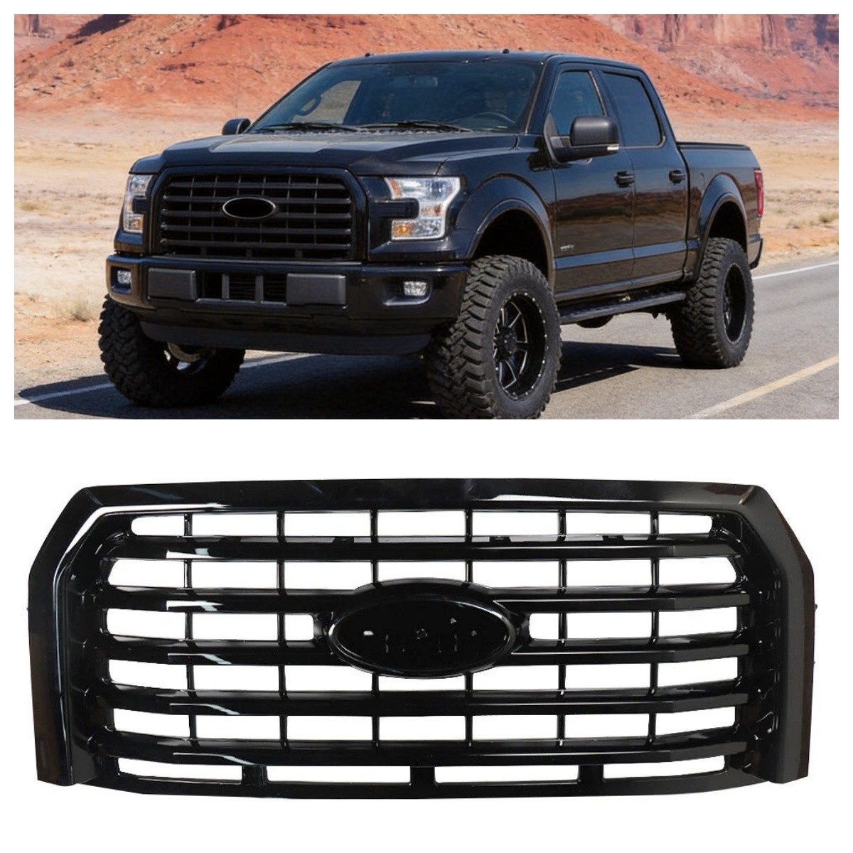 Fit 2015-2017 Ford F-150 F150 Front Bumper Upper Grille Grill Gloss Black ABS