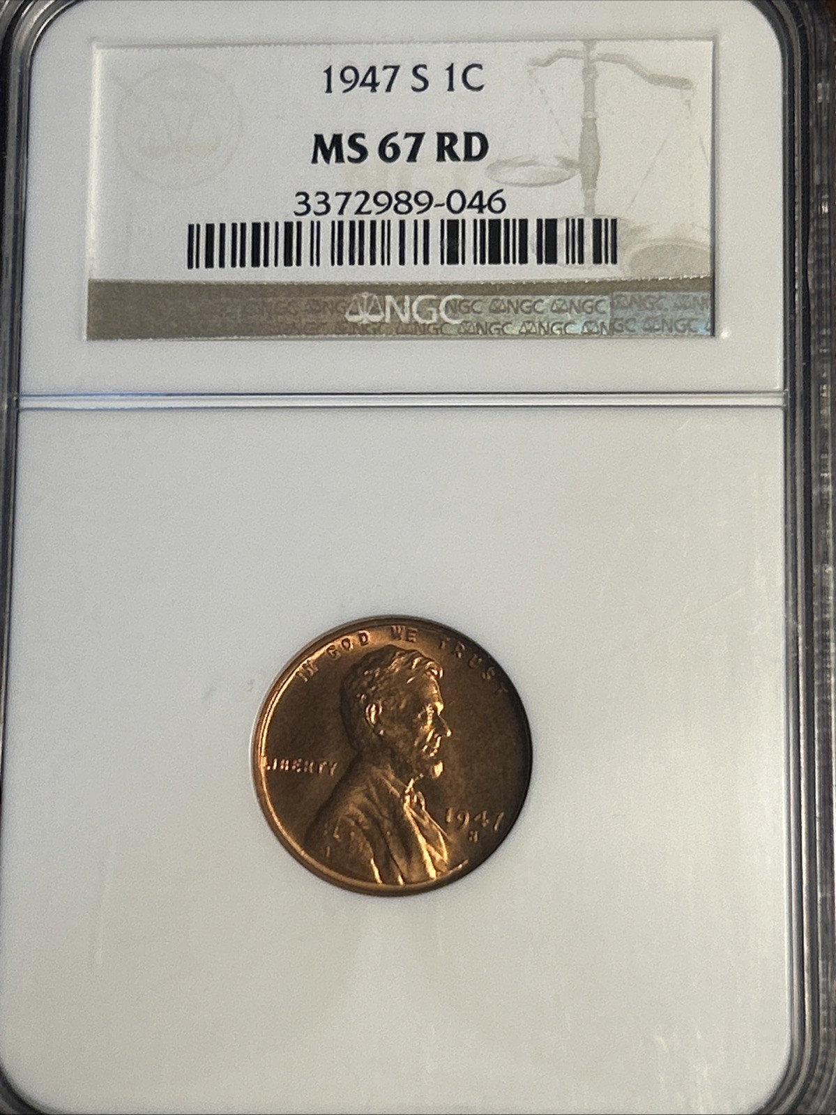 1947-S Lincoln Wheat Cent MS67RD NGC Great Eye Appeal 1947-S Lincoln Wheat Cent MS67RD NGC Great Eye Appeal