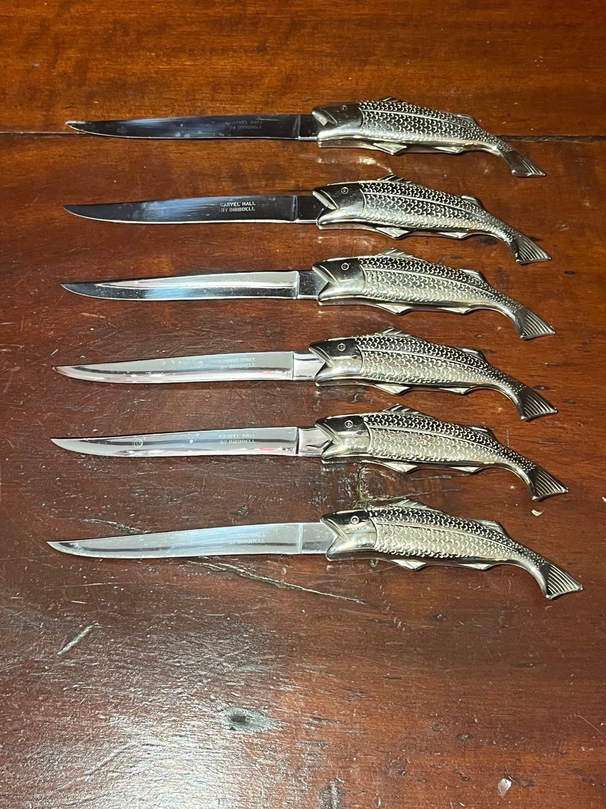 Vintage 1960s Carvel Hall Fish & Game Knives by Briddell Set of 6 W Metal Handle Vintage 1960s Carvel Hall Fish & Game Knives by Briddell Set of 6 W Metal Handle