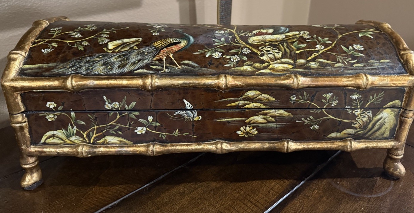 Vintage Chinoiserie Faux Bamboo Box Chest Dutch Tree of Life Painted Peacock 18\