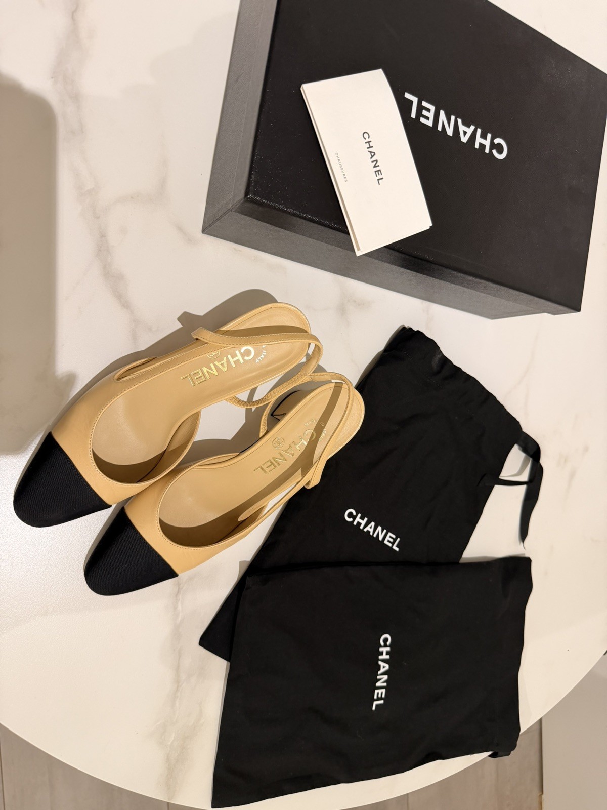 CHANEL Beige&Black Leather Slingbacks EU37C / AU 6.5 CHANEL Beige&Black Leather Slingbacks EU37C / AU 6.5