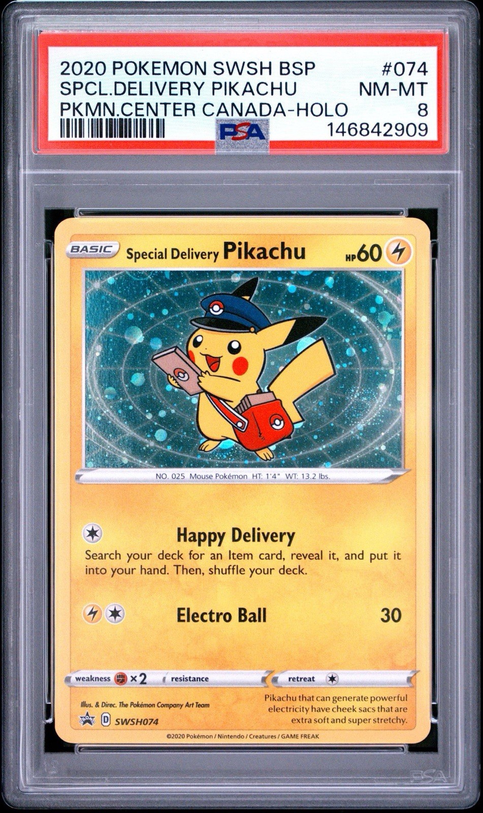 2020 Pokemon SWSH BSP PC Canada #074 Special Delivery Pikachu Holo PSA 8