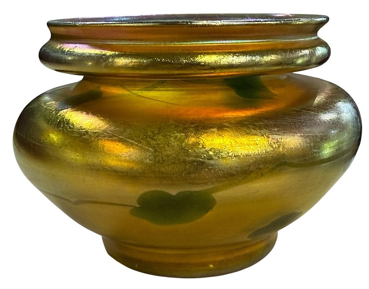L C TIFFANY DECORATED GOLD FAVRILE VASE W/ IRIDESCENT GREEN FLOWERS & VINES L C TIFFANY DECORATED GOLD FAVRILE VASE W/ IRIDESCENT GREEN FLOWERS & VINES